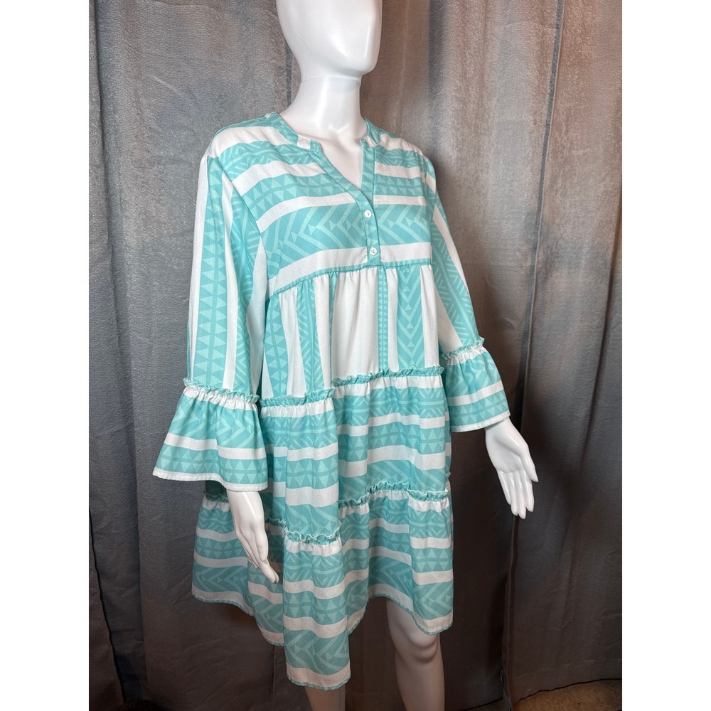 CEZELE‎ Women's Tiered Ruffle Dress Turquoise White Geometric Stripe Midi
